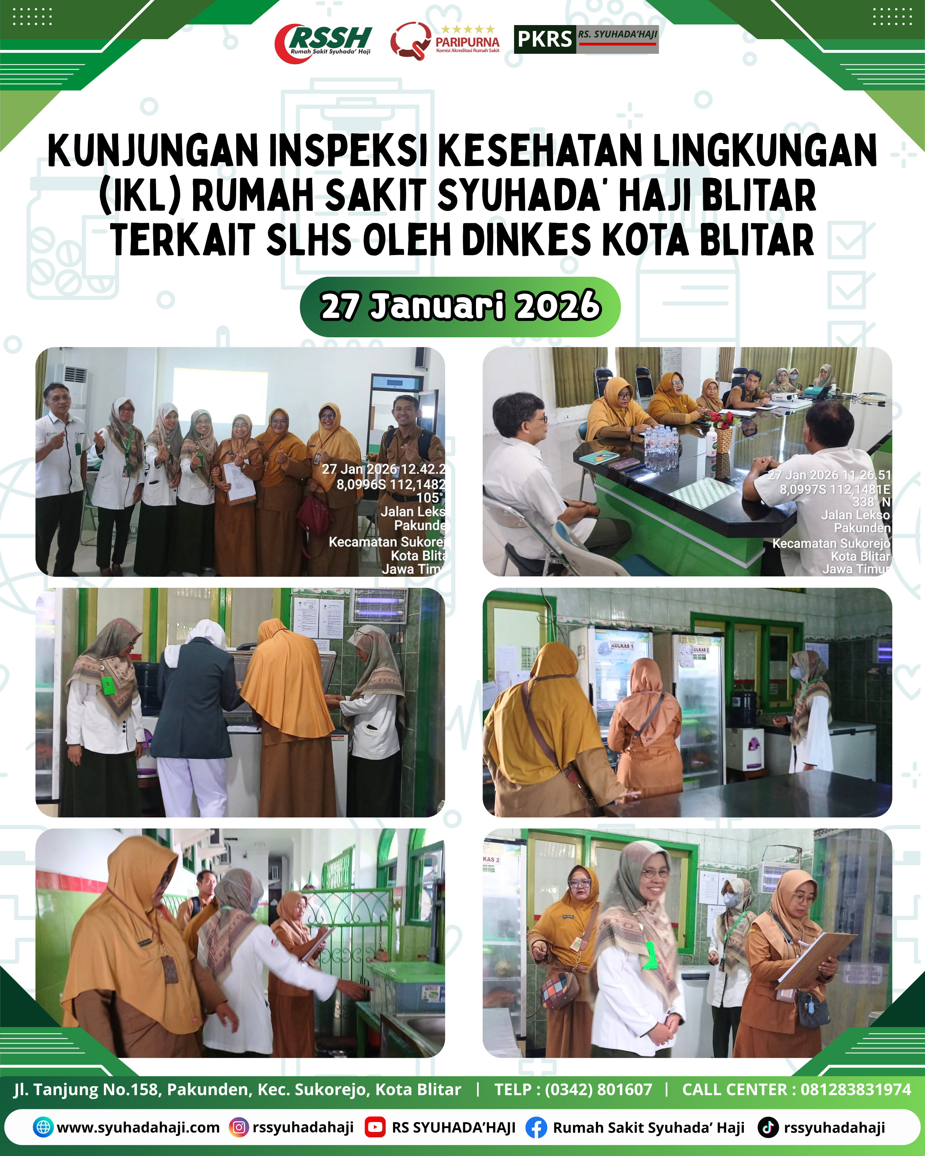 Kunjungan Inspeksi Kesehatan Lingkungan (IKL) Rumah Sakit Syuhada’ haji blitar  terkait SLHS Oleh Dinkes Kota Blitar